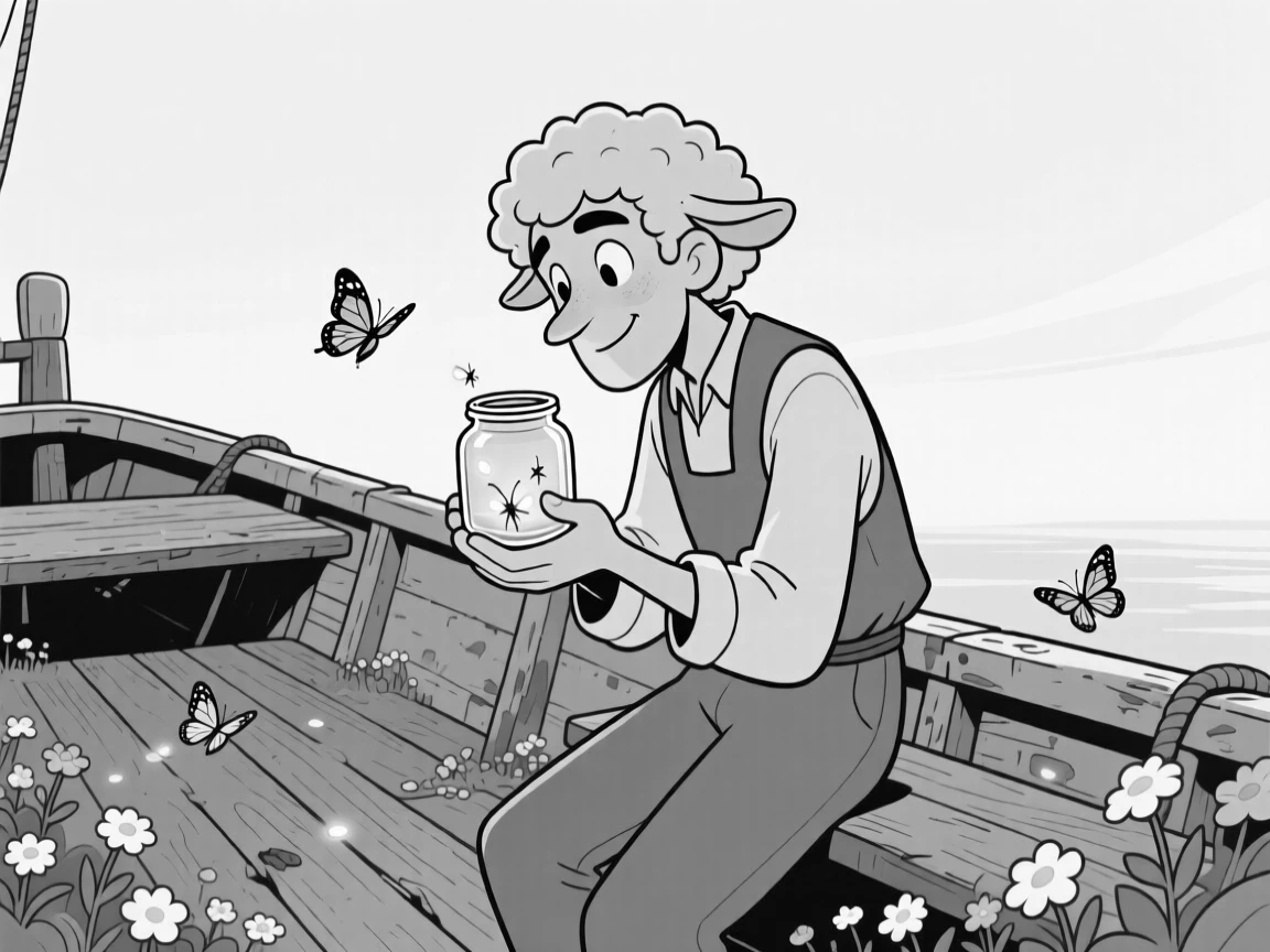 A shepherd counting sheep with an exaggerated squint, cupping the jar gently to peek at the glowing bugs, set on a weathered fishing boat deck. Butterflies drift lazily between the blossoms. The image feels like a breath of fresh outdoor air.