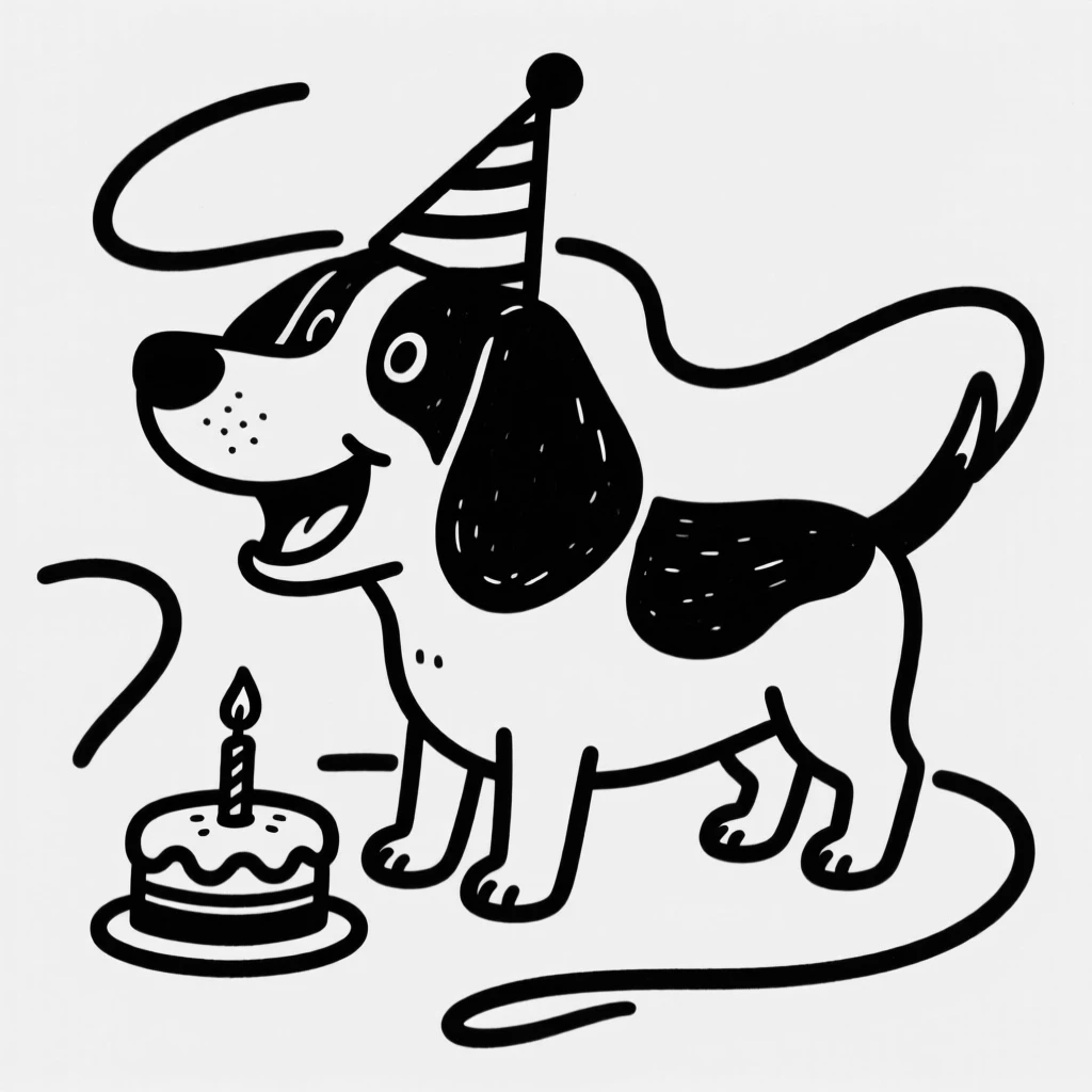 A beagle wearing a party hat at its own birthday party with a tiny cake.