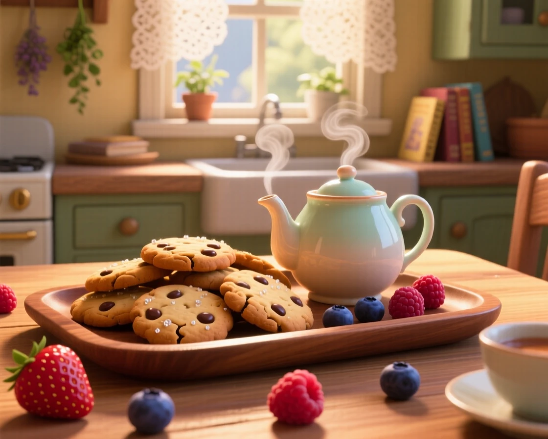 A tray of freshly baked cookies sits on a tray beside a steaming teapot, surrounded by scattered fresh berries. A comforting, homey feeling fills the moment.