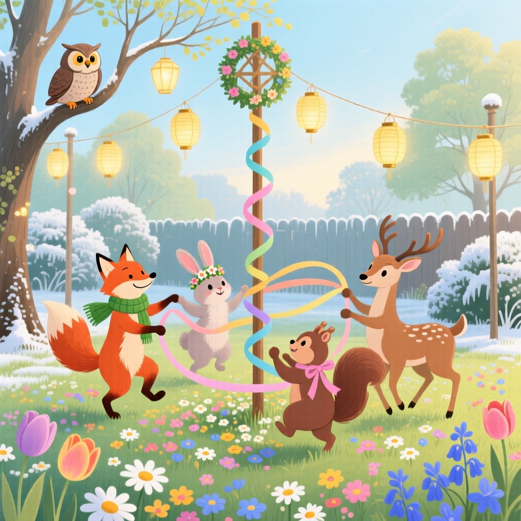 A group of woodland friends gather in a frosty backyard, dancing around a maypole in a flower-filled meadow, as golden lanterns glow warmly.