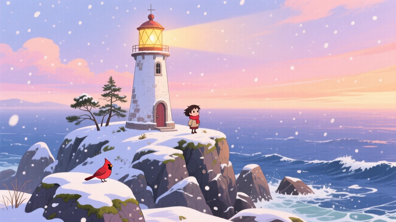 A charming view of a lighthouse standing watch on a rocky point, dusted lightly with fresh snow.