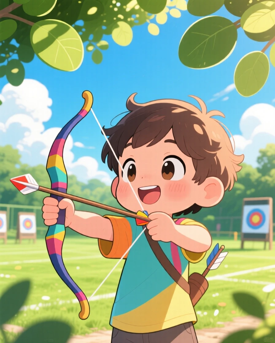 In a sunny outdoor range, a child is practicing archery with a small bow beneath fluffy drifting clouds, bathed in dappled sunlight through a canopy, expression full of curious excitement. Shot as a waist-up portrait.