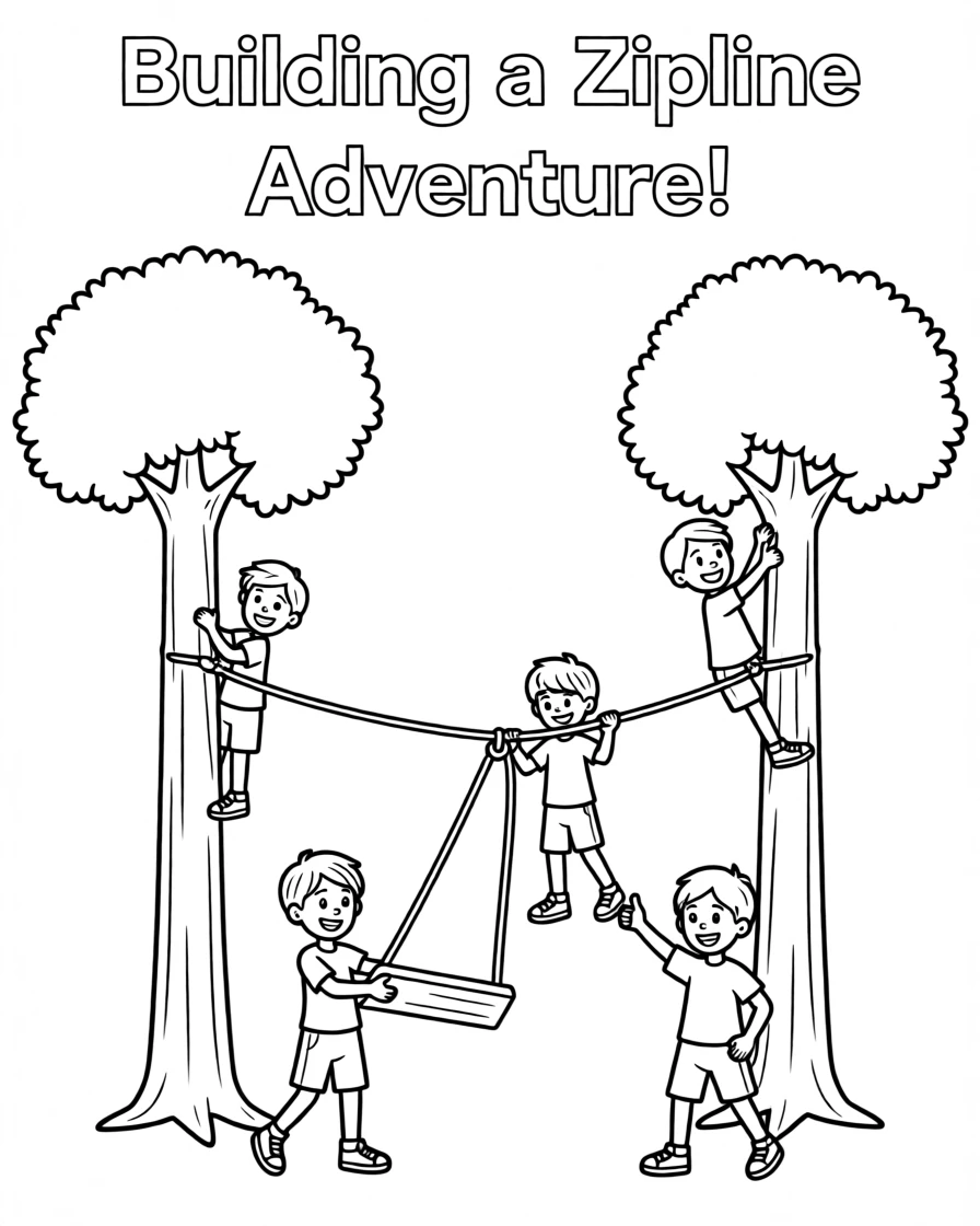 A group of kids building a zipline between two trees