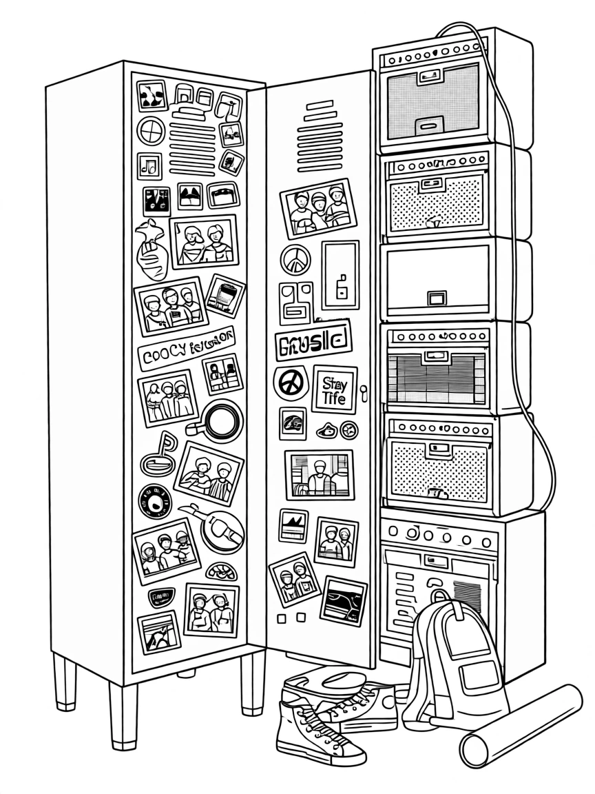A locker door decorated with photos and stickers, with amplifiers stacked in the background.