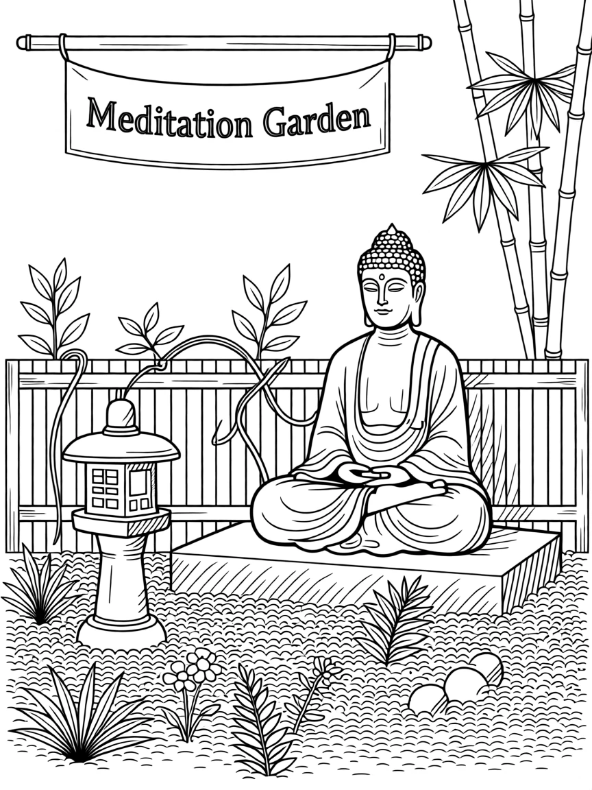 A meditation garden with a small statue surrounded by moss.