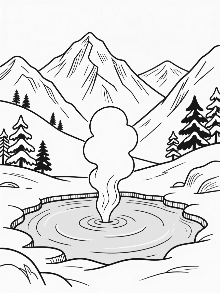 A hot spring surrounded by snow-covered mountains