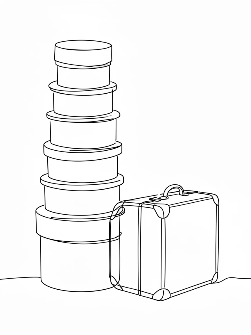 A tall stack of hat boxes beside a vintage steamer trunk