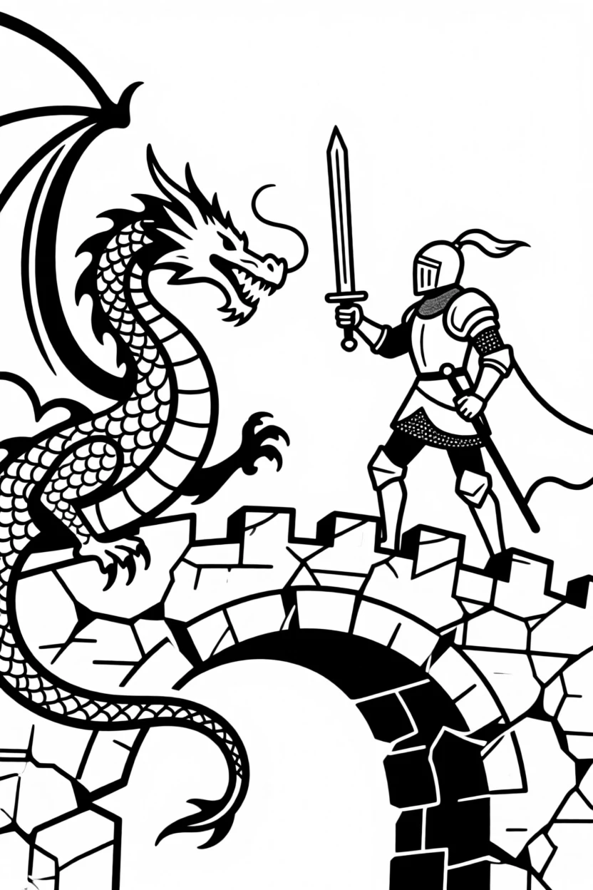 A dragon and knight facing each other atop a crumbling bridge.