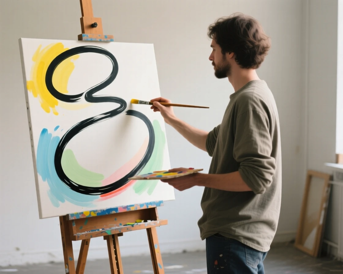 A painter standing before an easel working on a colorful canvas.