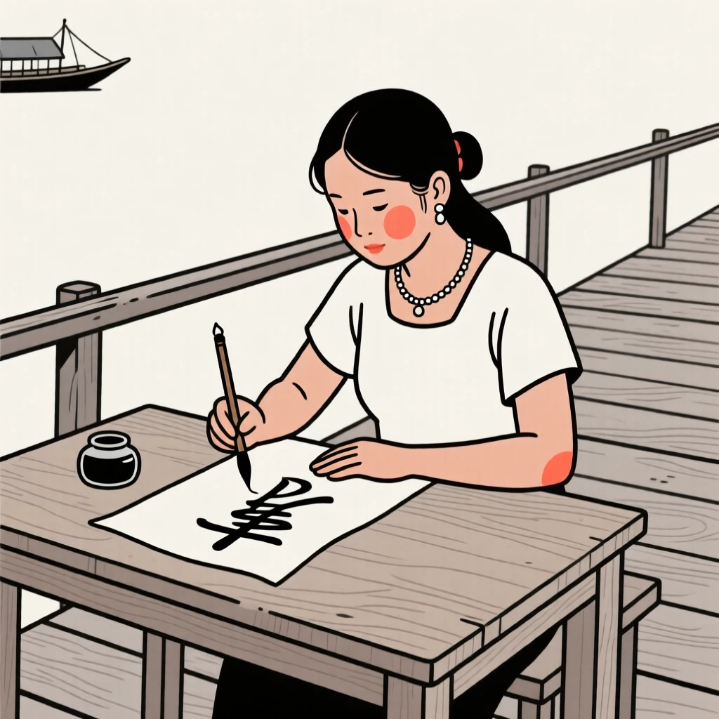 A grown woman of Filipino heritage practicing calligraphy at a wooden desk, on a wooden fishing pier.