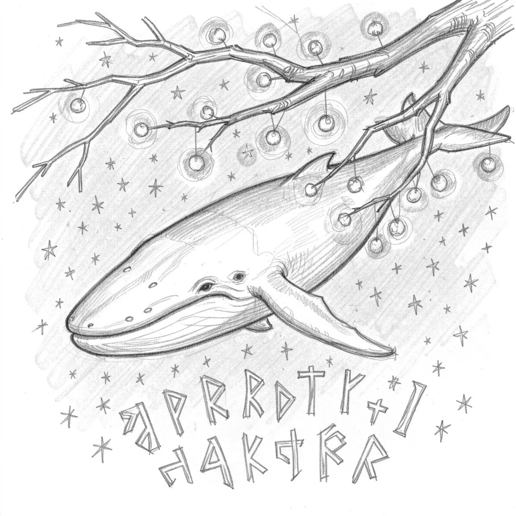 A magical, imaginative vision of a giant whale swimming through a sea of stars beneath branches strung with fireflies, with ancient runes glowing faintly on the ground.