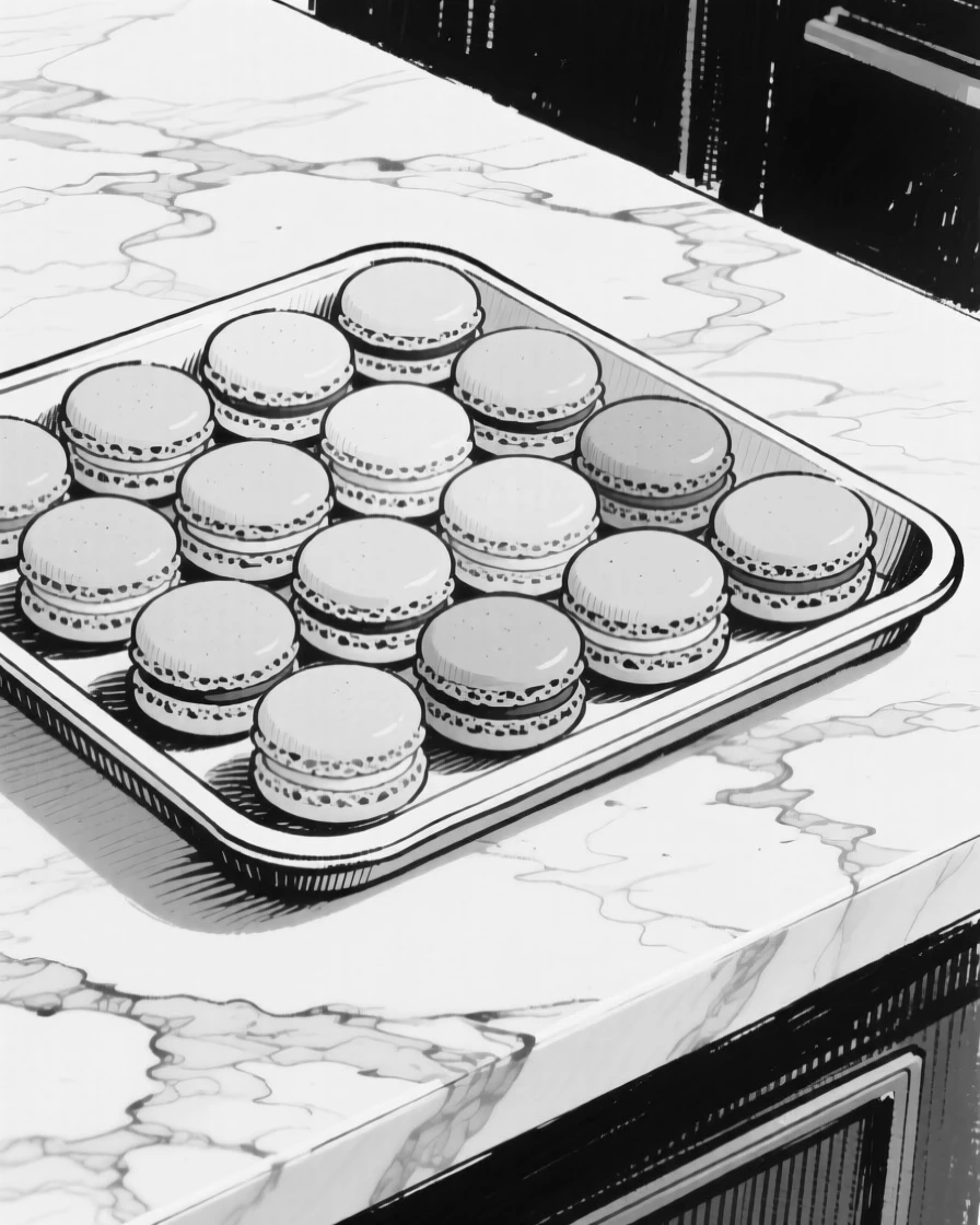 A tray of colorful macarons arranged in neat rows on a marble counter.