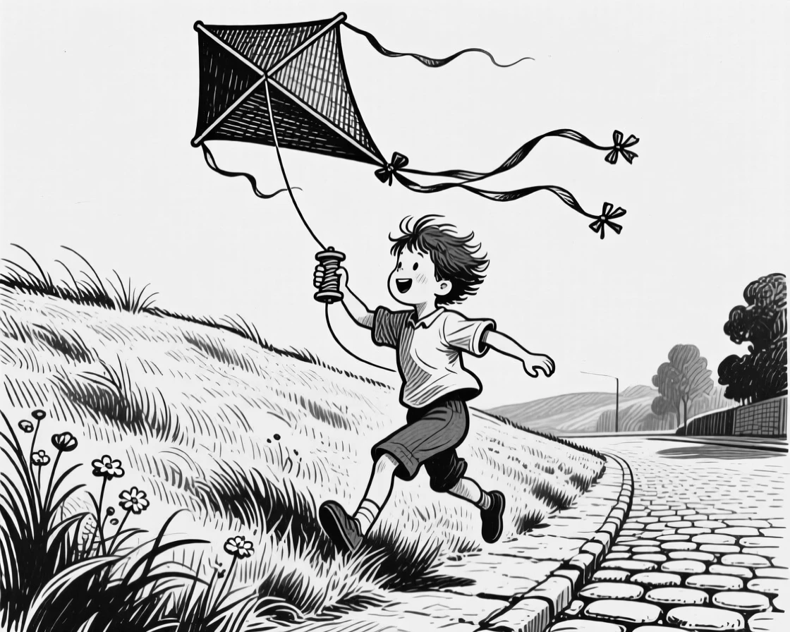 A boy flying a kite on a breezy hill along a quiet cobblestone street, with a gentle breeze moving through their hair, creating a lighthearted and playful lifestyle scene.