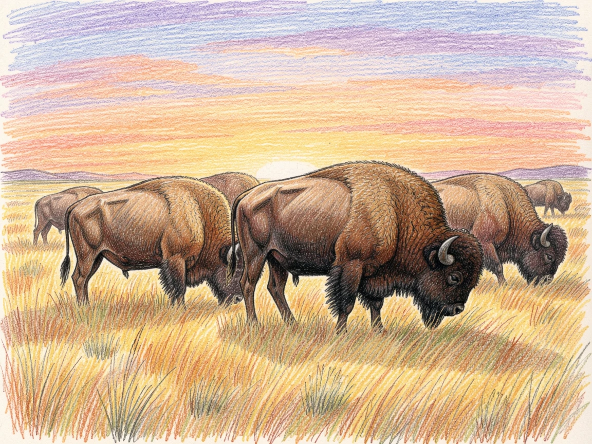 A herd of bison grazing across a golden prairie at sunset, with soft, natural light bringing warmth to every detail, celebrating a moment people would love to revisit.