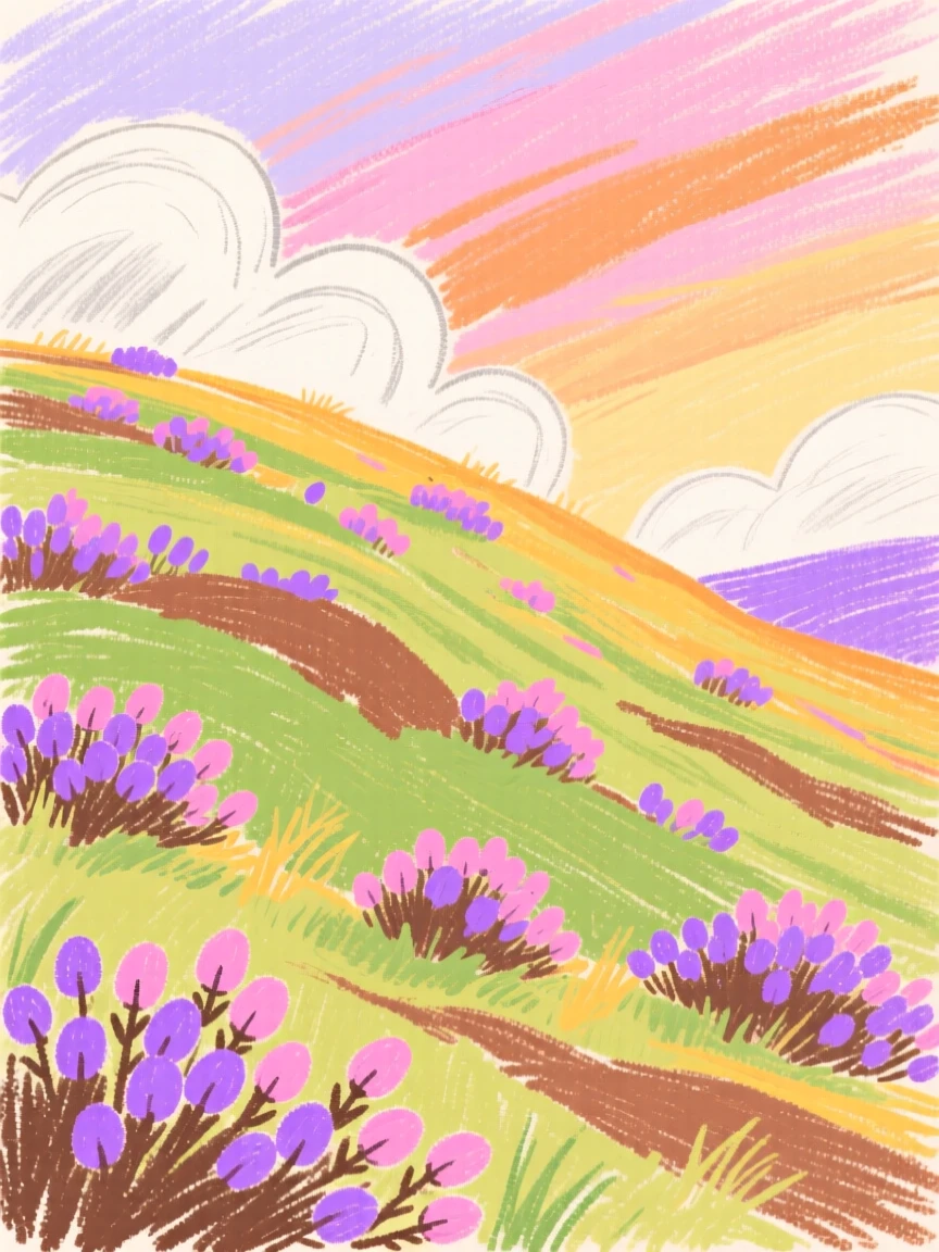 A view of a hillside covered in blooming heather bathed in the last light of day.