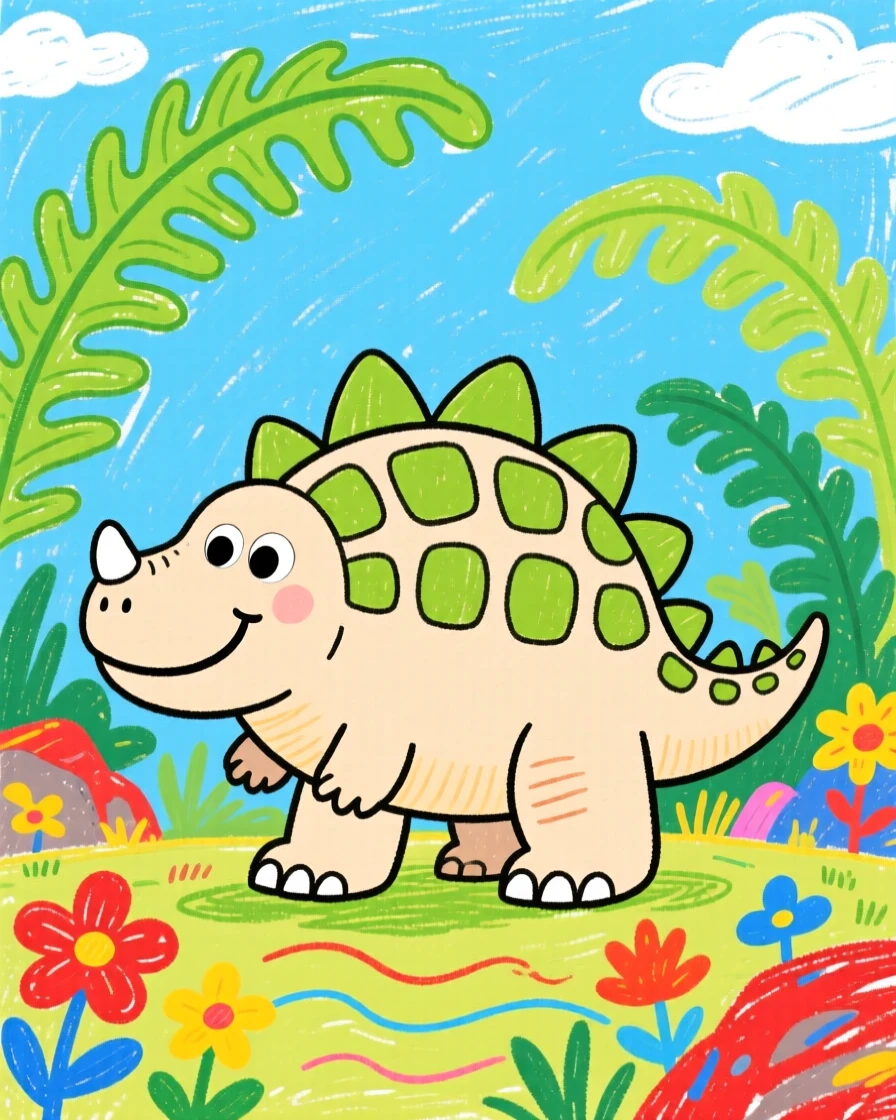A gentle giant ankylosaurus in a prehistoric jungle filled with giant ferns.