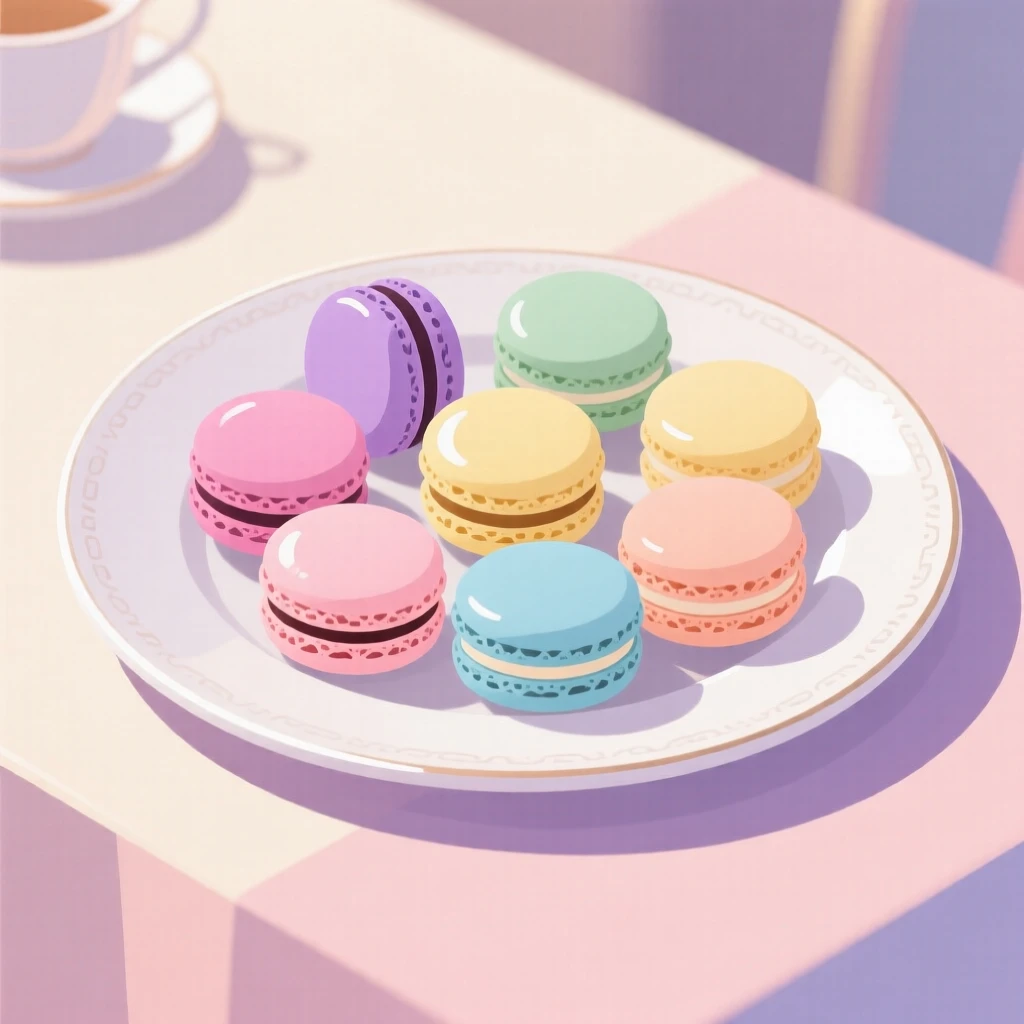 A platter of colorful macaroons arranged for afternoon tea, set against a soft pastel backdrop, composed with soft natural light enhancing texture, with glossy highlights that make the dish look freshly made.