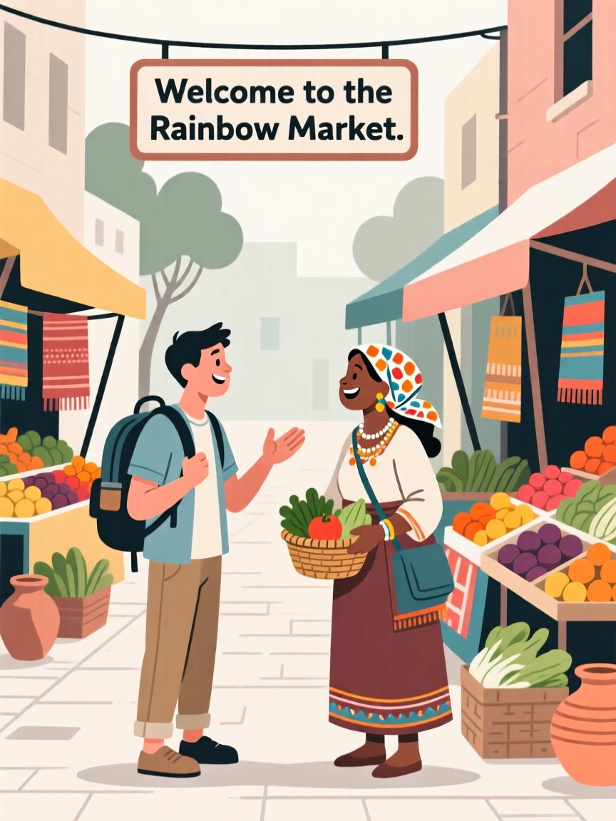 A traveler chatting with a local near a colorful market street.