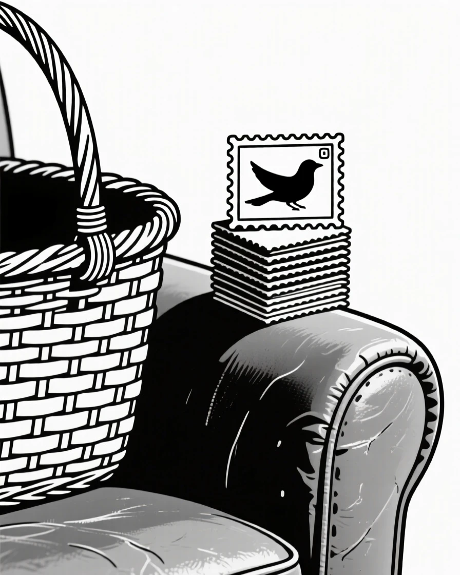 A close-up study of a woven picnic basket placed beside a stack of postage stamps on a worn leather armchair, full of calm order.