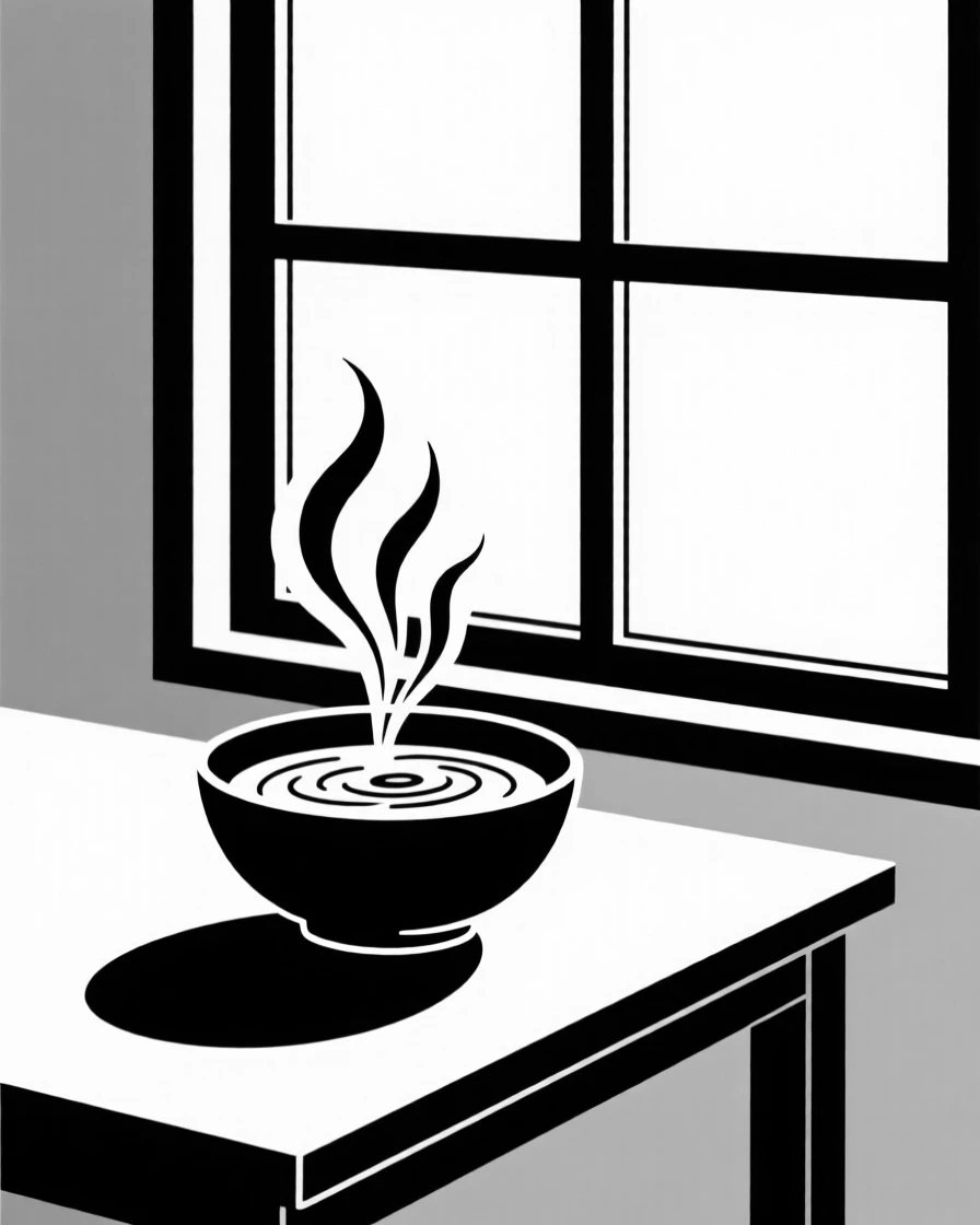 A bowl of soup steaming on a table beside a window.
