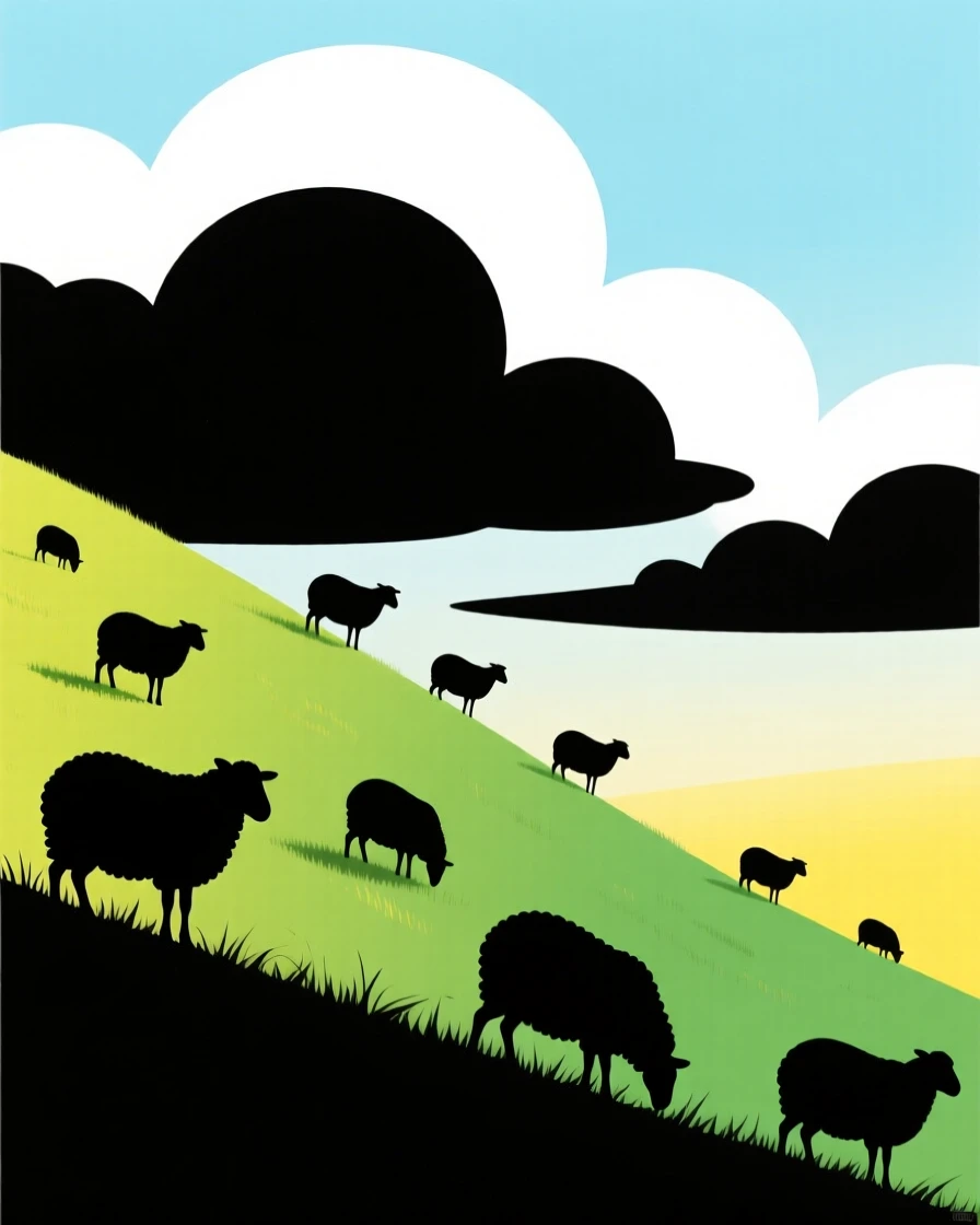 A steep green hillside dotted with grazing sheep under a cloudy sky.
