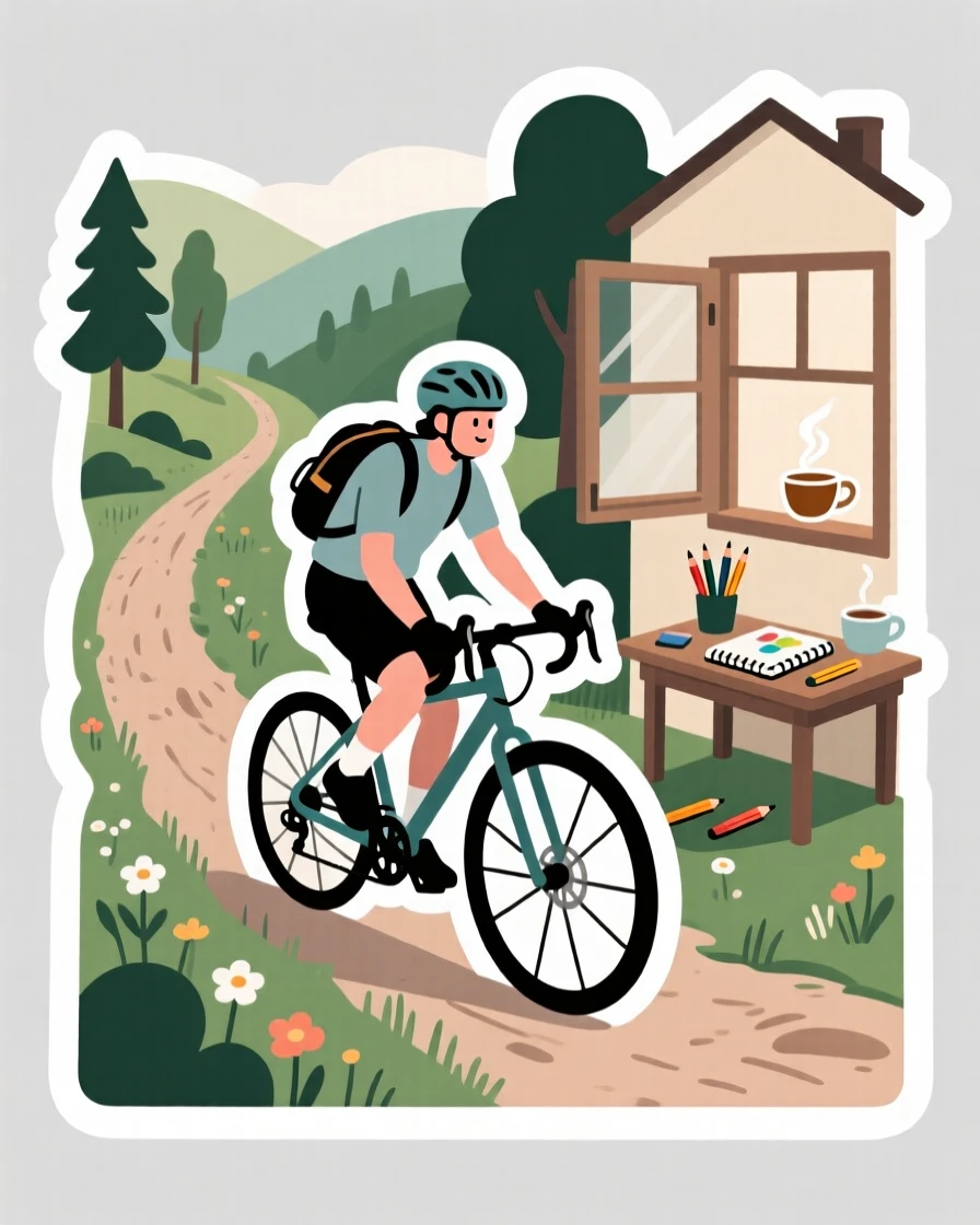 A quietly passionate cyclist riding down a scenic trail, fully immersed in the creative process, in a peaceful home corner dedicated to their craft.