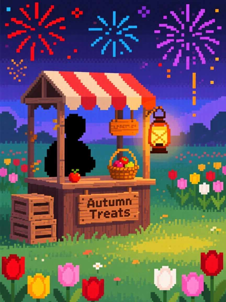 A lantern-lit autumn festival stall set against a sky full of fireworks, in a sunlit spring meadow full of tulips.