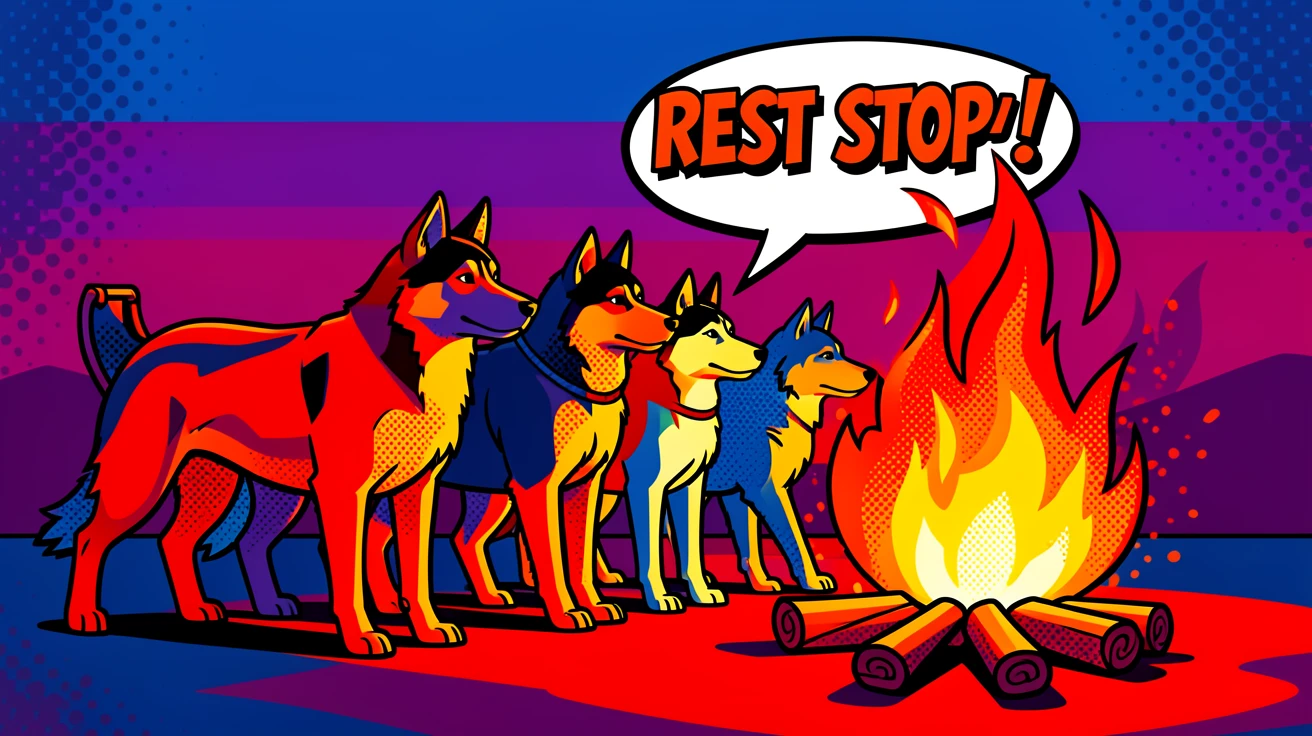 A sled dog team resting beside a lit campfire at dusk