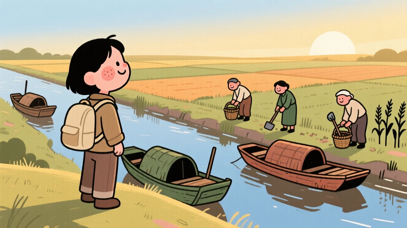 A traveler pauses on a hilltop overlook overlooking a canal lined with old boats, watching farmers tending the fields as the golden afternoon light settles over the scene.