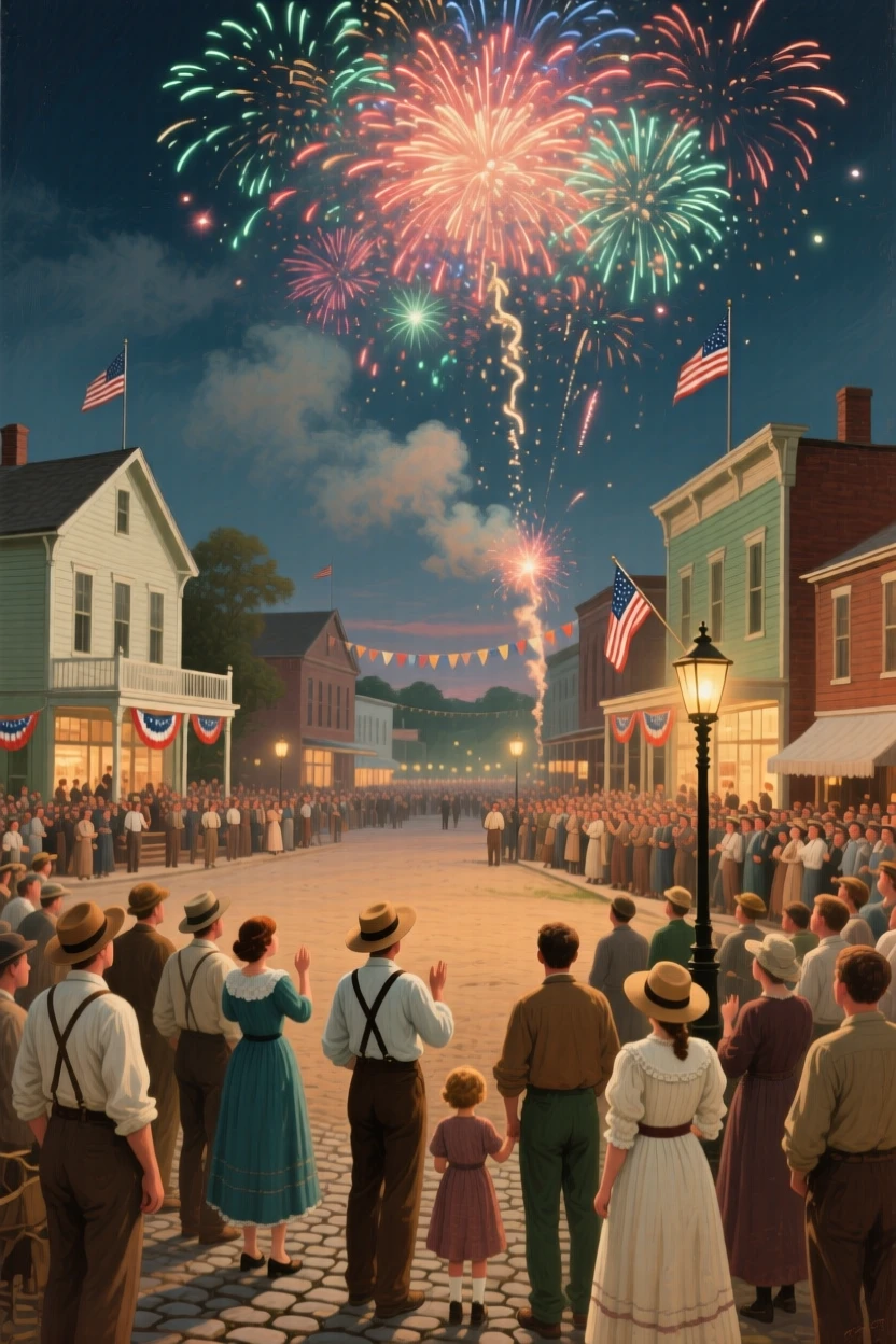 A broad landscape view of fireworks bursting above a crowded town square during a celebration, in the American Midwest, in the early 1900s.