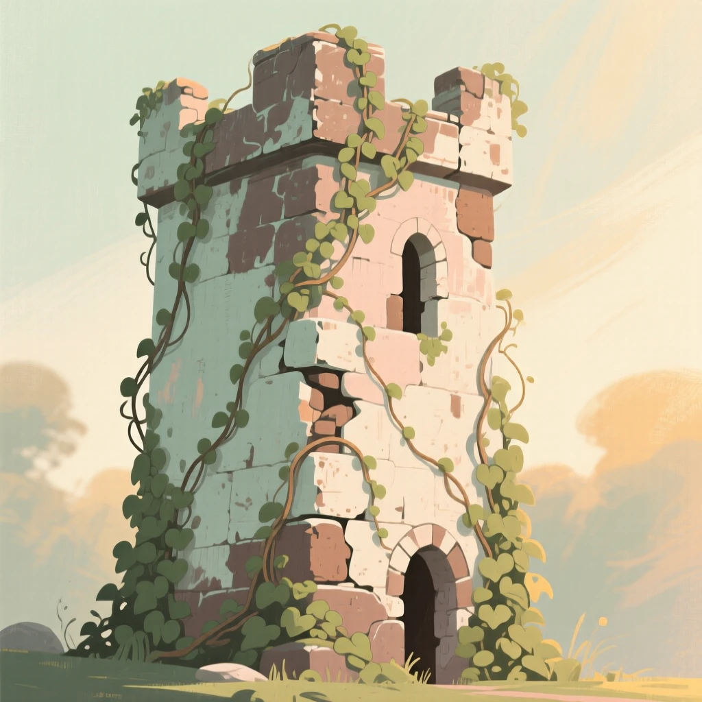 A crumbling stone tower covered in creeping ivy