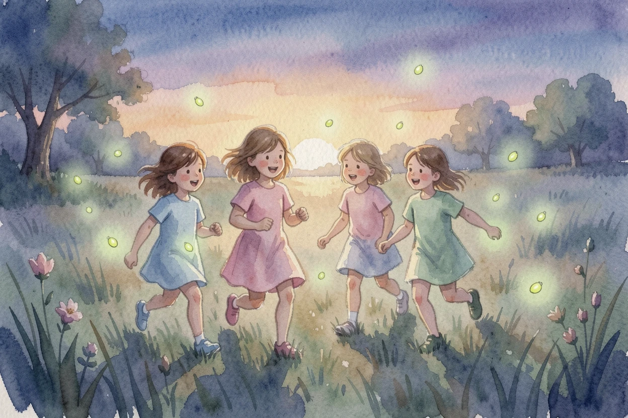 Children chasing fireflies at dusk.