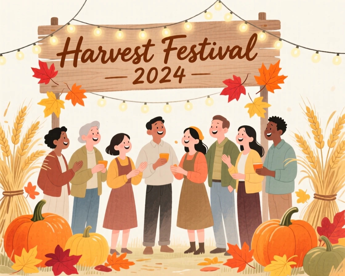 A joyful scene of a harvest festival gathering, surrounded by colorful decorations, capturing the warmth of the celebration