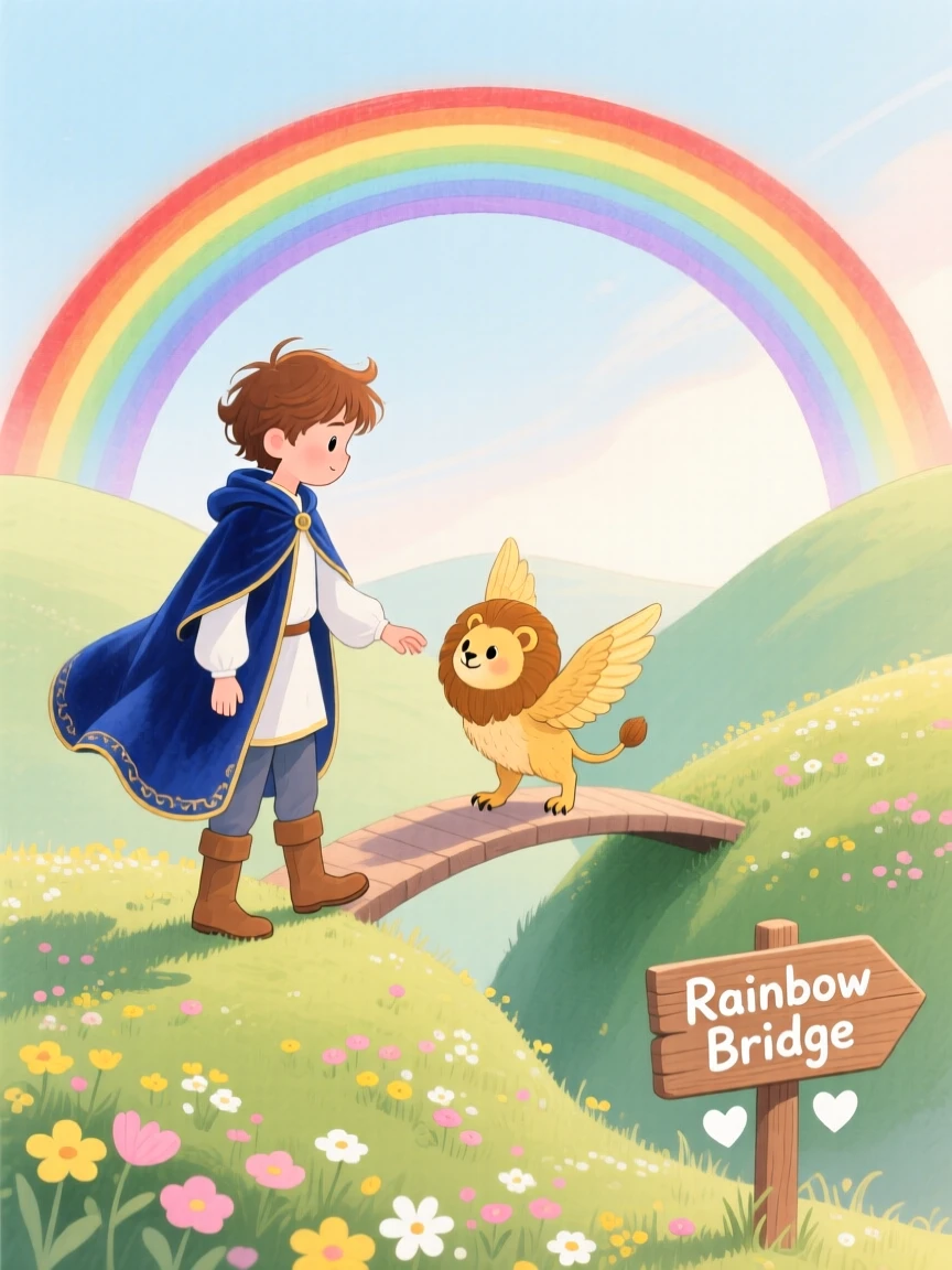 A young prince in a velvet cloak and a shy baby griffin exploring a rainbow bridge between two hills together.