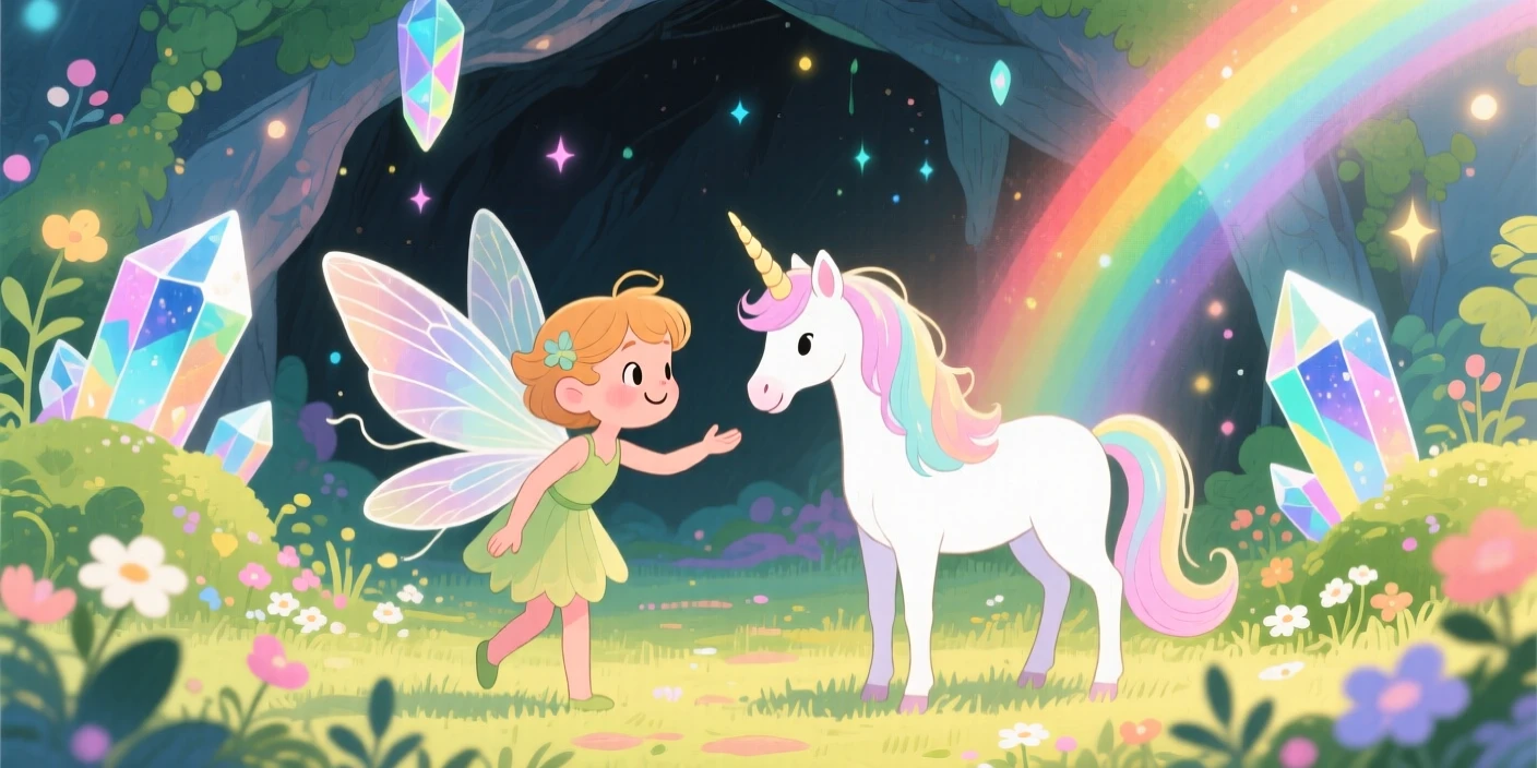 A curious fairy befriending a shy unicorn in an enchanted glade, in a crystal cave shimmering with rainbow light, radiating hope and heroic determination.