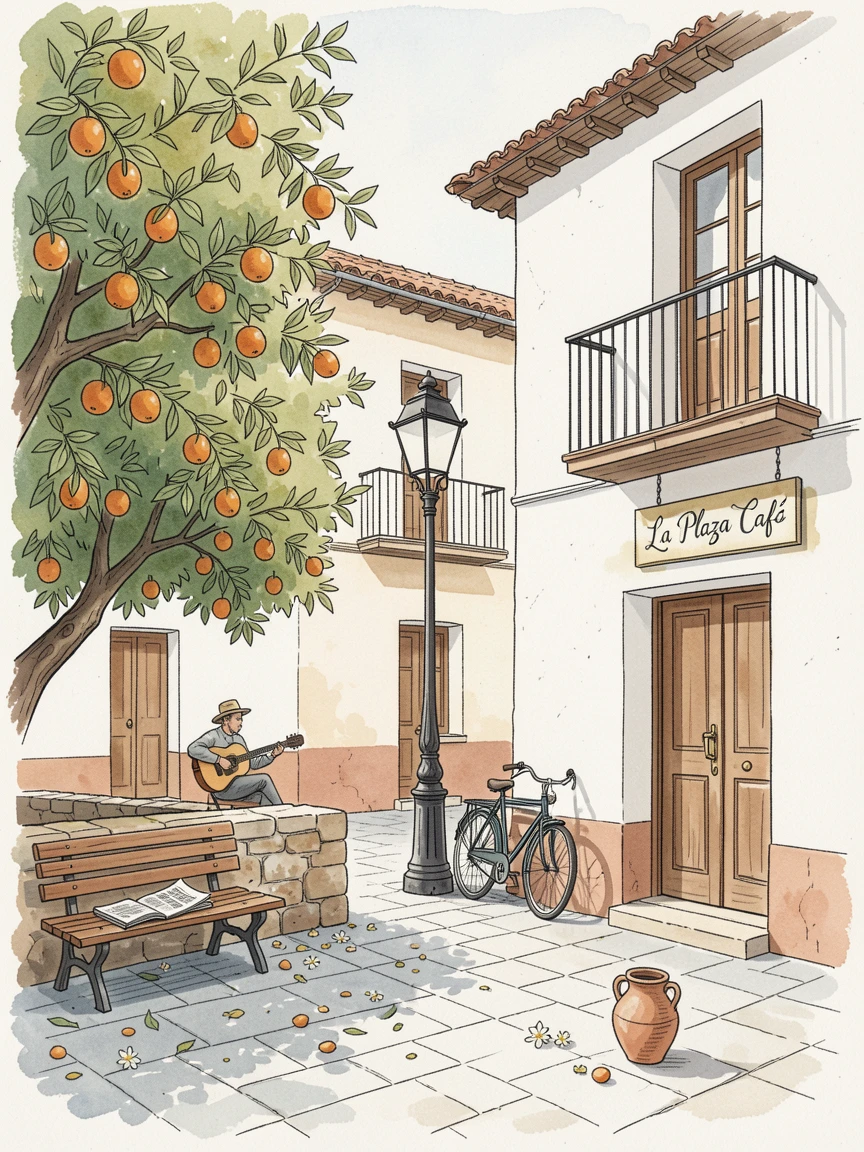 A quiet plaza in an old Spanish town lined with orange trees, small details of daily life scattered throughout the setting.