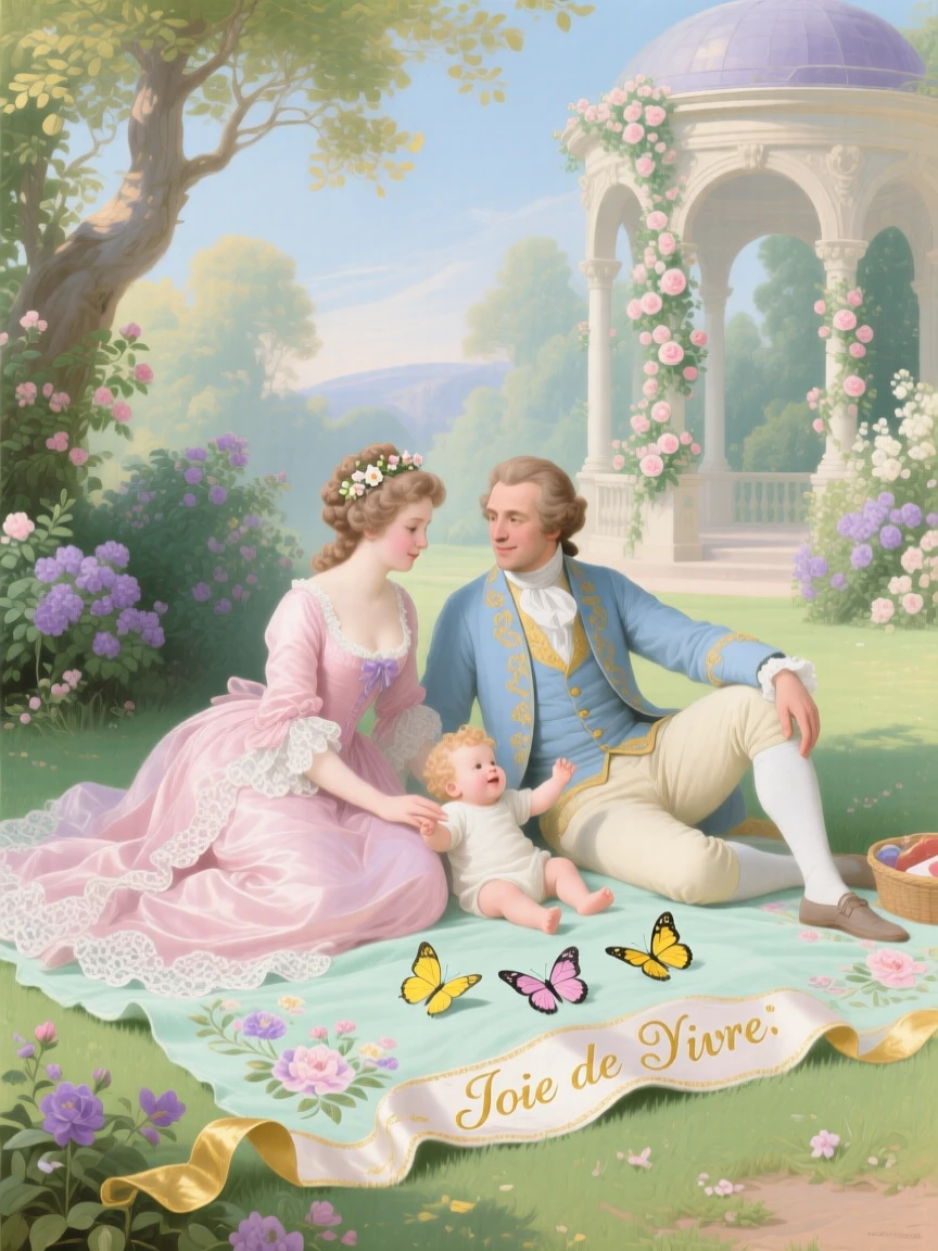 A family picnic with a baby reaching for butterflies on a blanket  