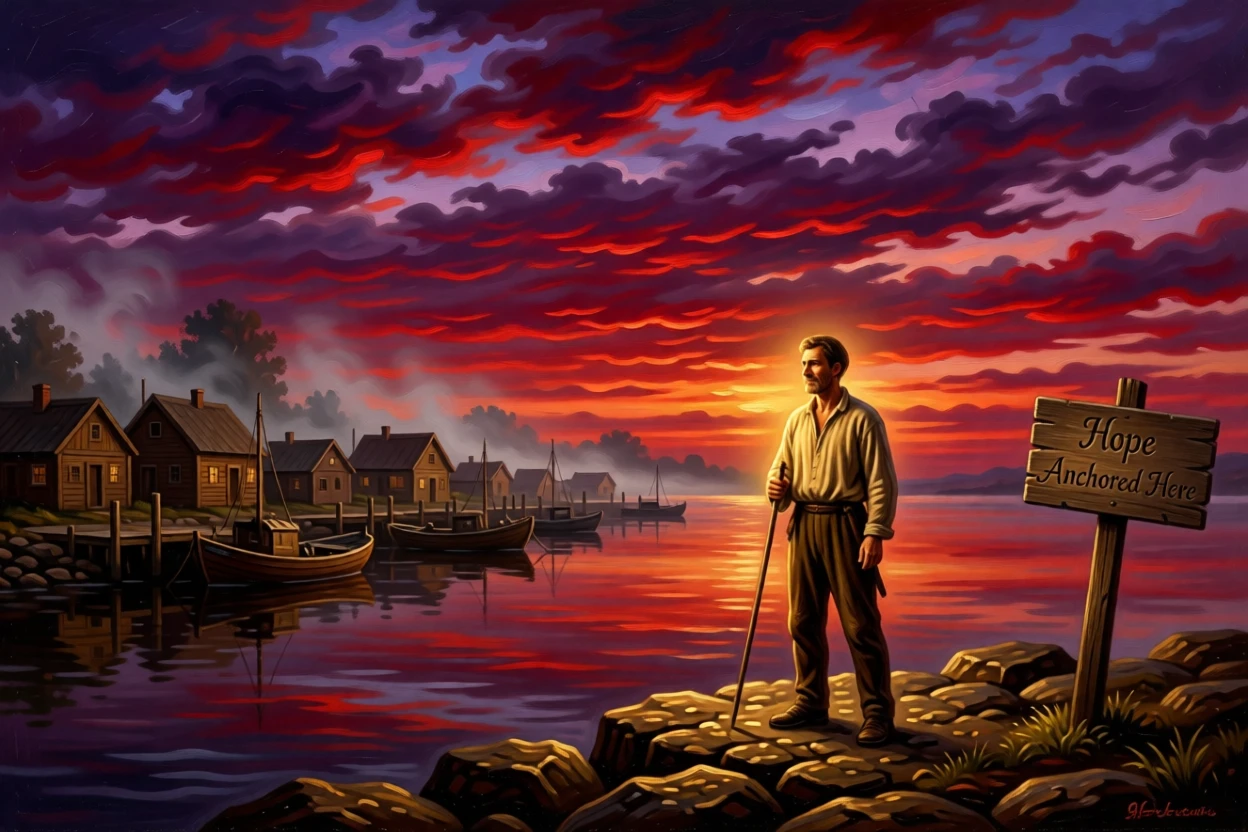 A fisherman glows warmly under a sky streaked with violet and crimson over a sleepy fishing town.