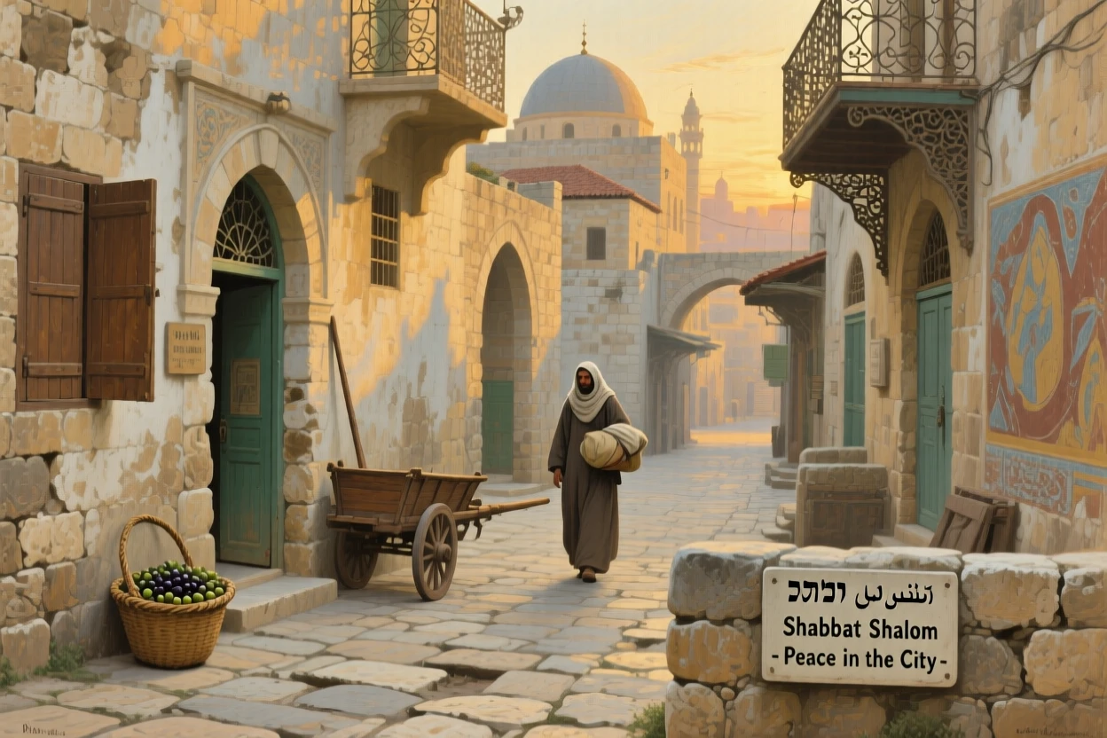 The ancient stone streets of Jerusalem's Old City at sunrise, as soft golden hour light bathes every surface and structure, celebrating the architectural wonder and cultural richness of the location