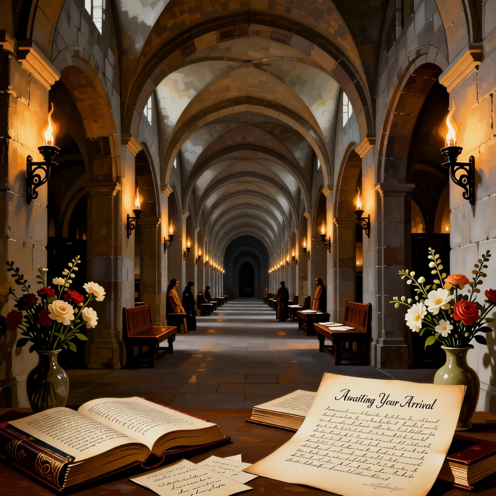A vaulted wine cellar lit by flickering torchlight awaiting the arrival of guests soon to fill its halls, set inside a centuries-old cathedral of quiet reverence, with fresh flowers, open books, and half-finished correspondence scattered about; symmetry and repetition of arches create a sense of timeless order, radiating history, refinement, and permanence.