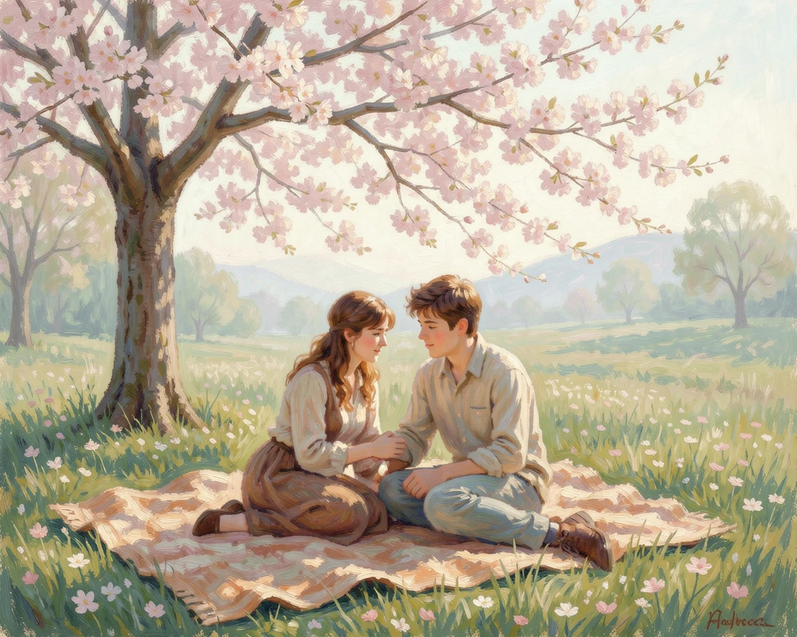 A young couple sharing a quiet picnic beneath a blossoming cherry tree in early spring, in the gentle hush of early morning, filled with a cozy, comforting atmosphere.