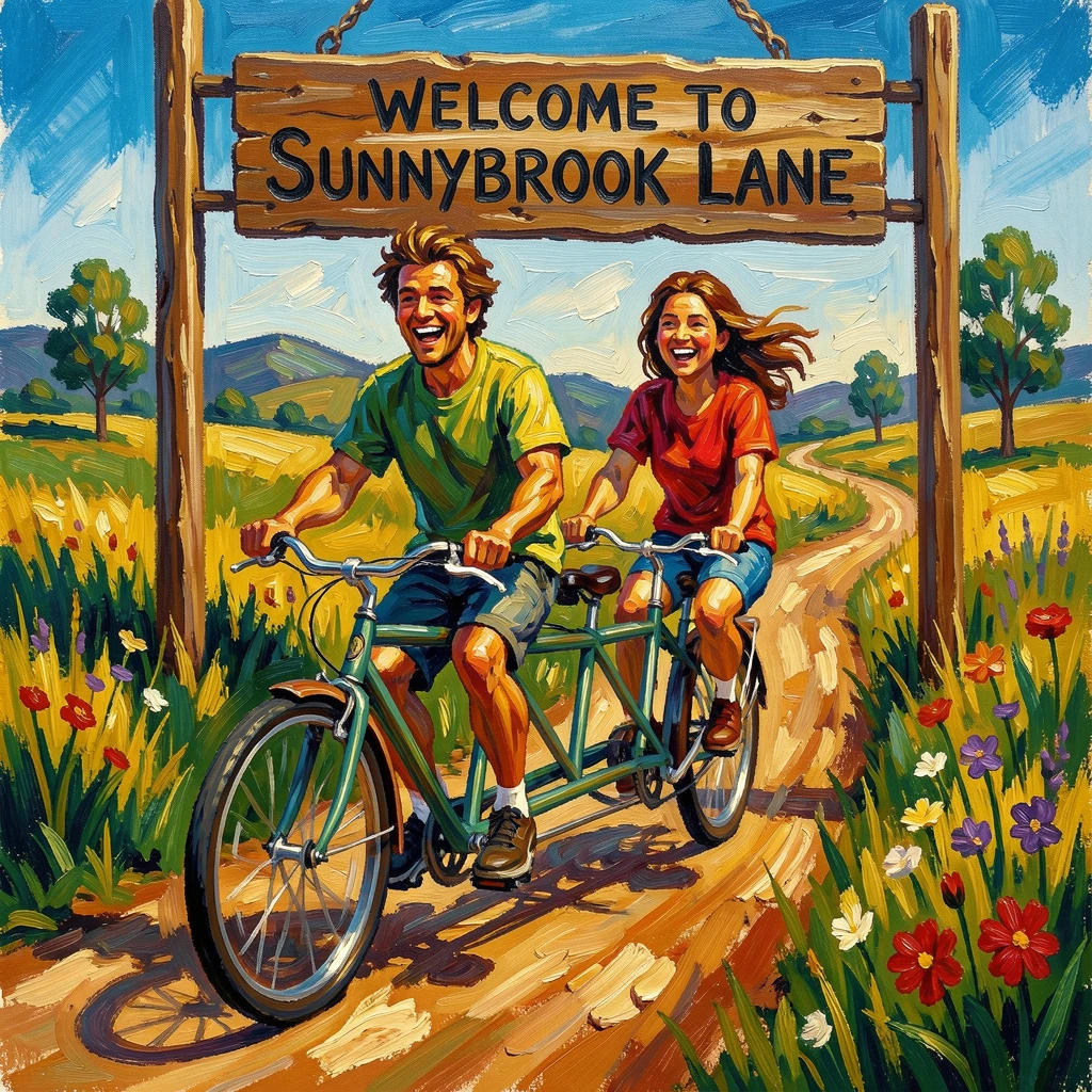 Two friends sharing a bicycle built for two along a countryside road.