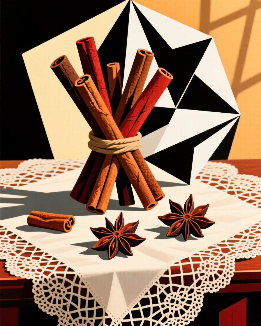 An elegant still life featuring a bundle of cinnamon sticks and star anise on a lace tablecloth in warm afternoon light.