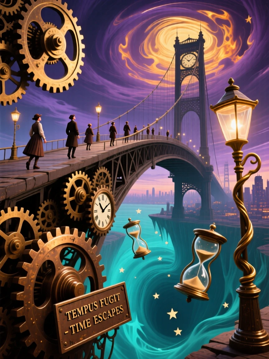 A bridge made of interlocking clock gears leans impossibly against the wind, while tiny figures walk along its impossible edges.