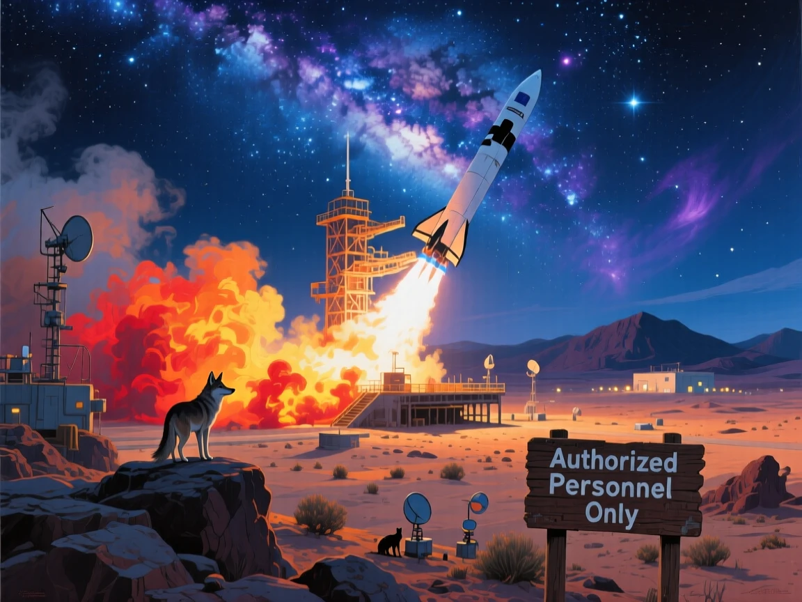 The Milky Way arches dramatically over a rocket launch pad at night, brilliant exhaust flames illuminating the surrounding desert as the rocket climbs skyward, the scale of the scene emphasized by tiny details that suggest an entire hidden world beyond the frame.