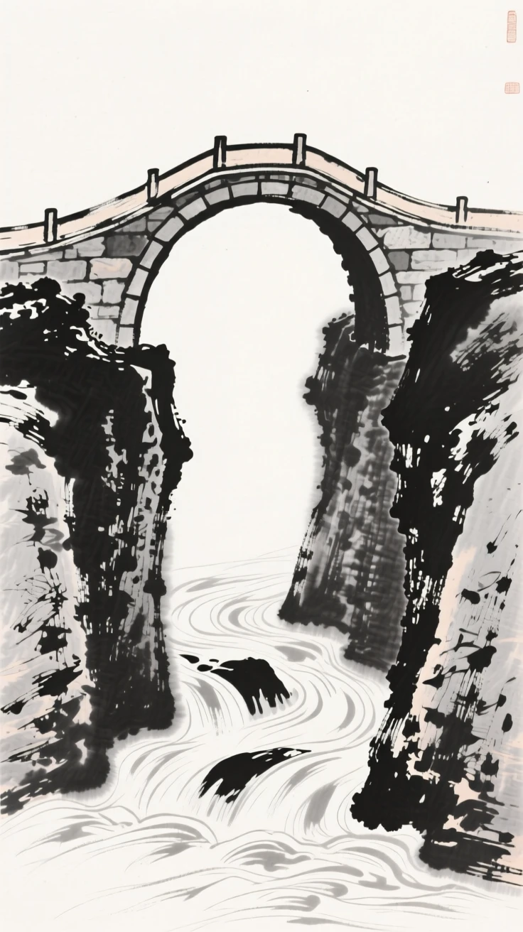 An arched stone bridge spans a narrow gorge above a rushing stream, with reflections rippling in the water below.