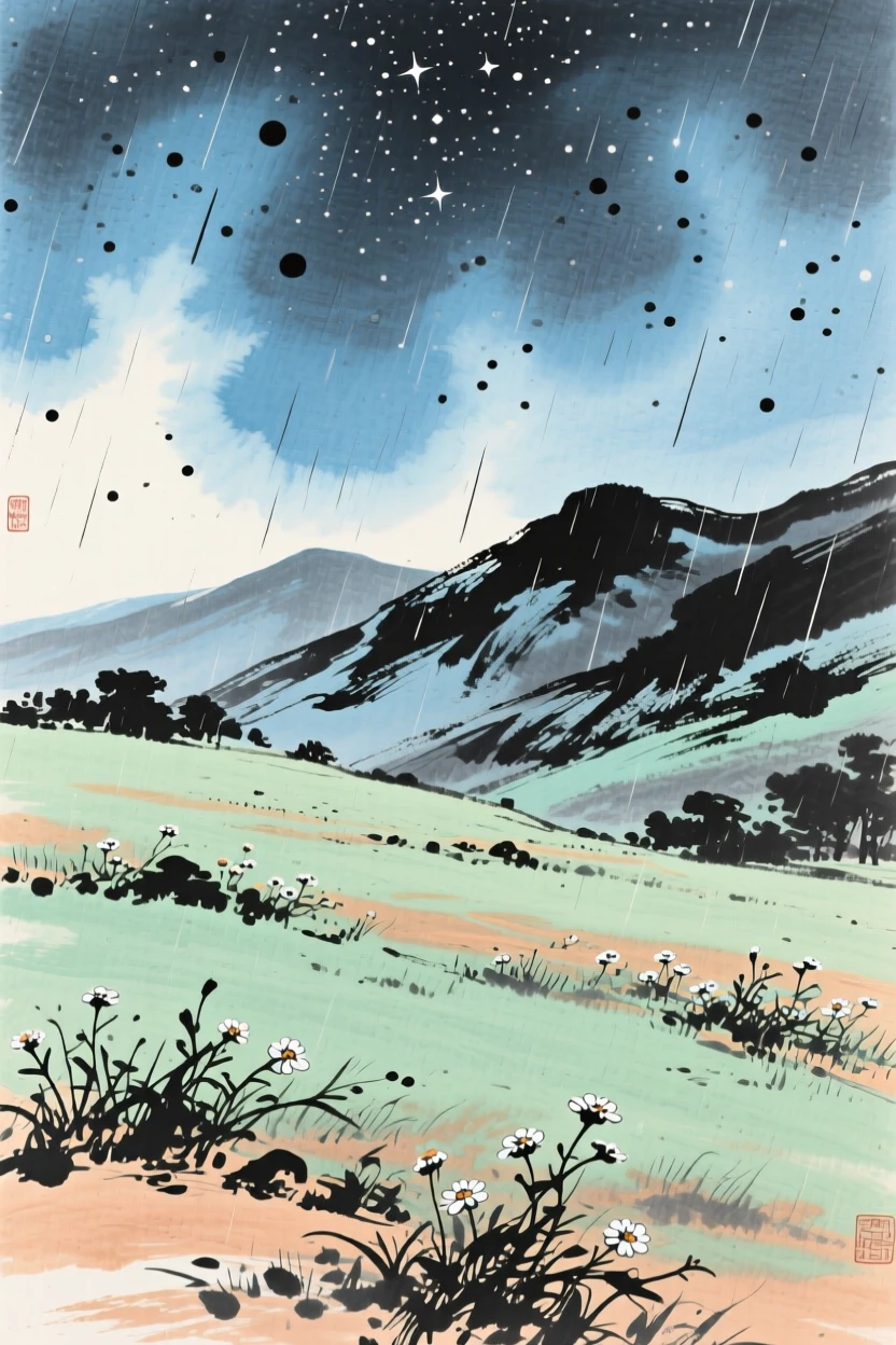 A high alpine meadow dotted with wildflowers, under a sky full of stars, beneath a sky washed clean by rain.