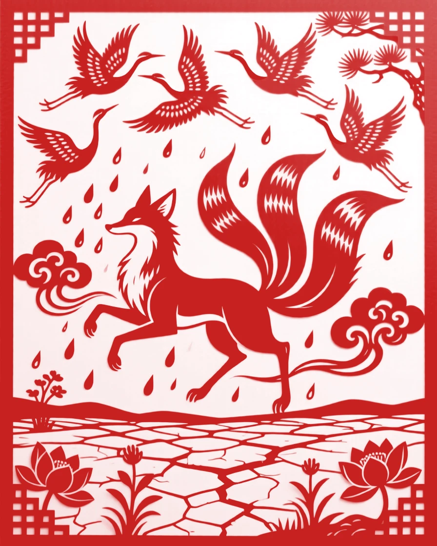 A fox spirit, summoning rain over a parched valley, as a flock of cranes circles overhead in reverence.