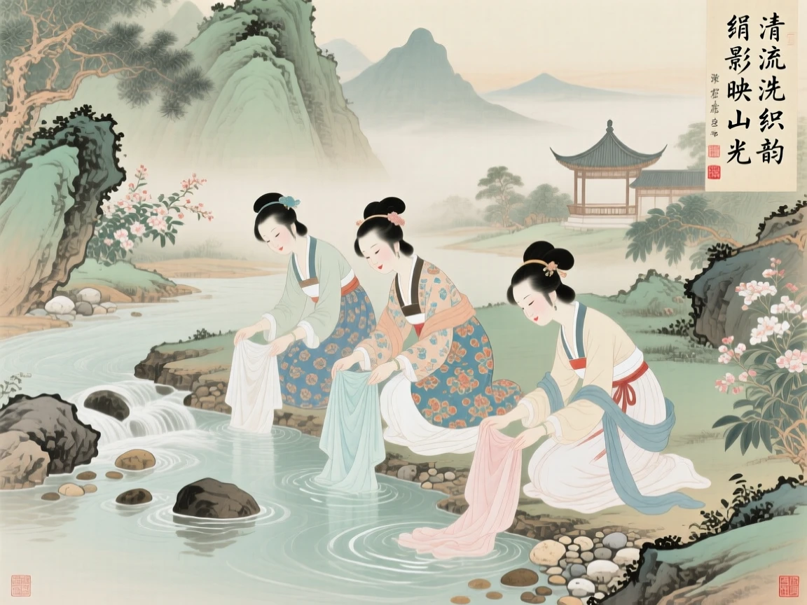 A group of women washing silk cloth in a clear mountain stream