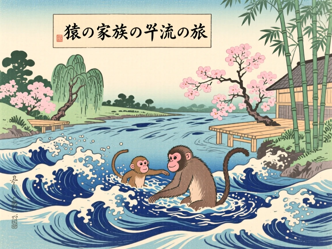 A monkey family swimming upstream through a rushing river.